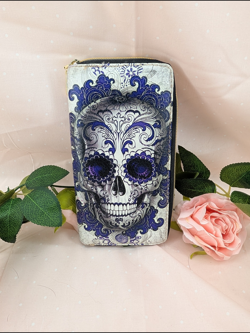 Stylized Purple Sugar Skull Zip Wallet - Unbranded